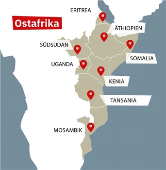 Ostafrika: Karte Ostafrika: Karte - Hilfen von Caritas international